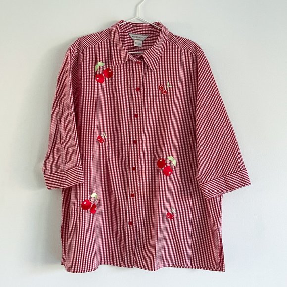 Vintage Allison Daley Oversize Red White Gingham Cherry Embroidery Sz 18 (XXL) - Picture 1 of 8